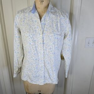 Womens Cotton White Blue Floral Long‎ Sleeve Button Down Shirt L
